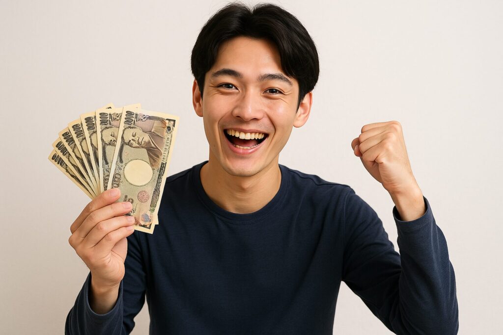 お金を調達できて喜ぶ男性