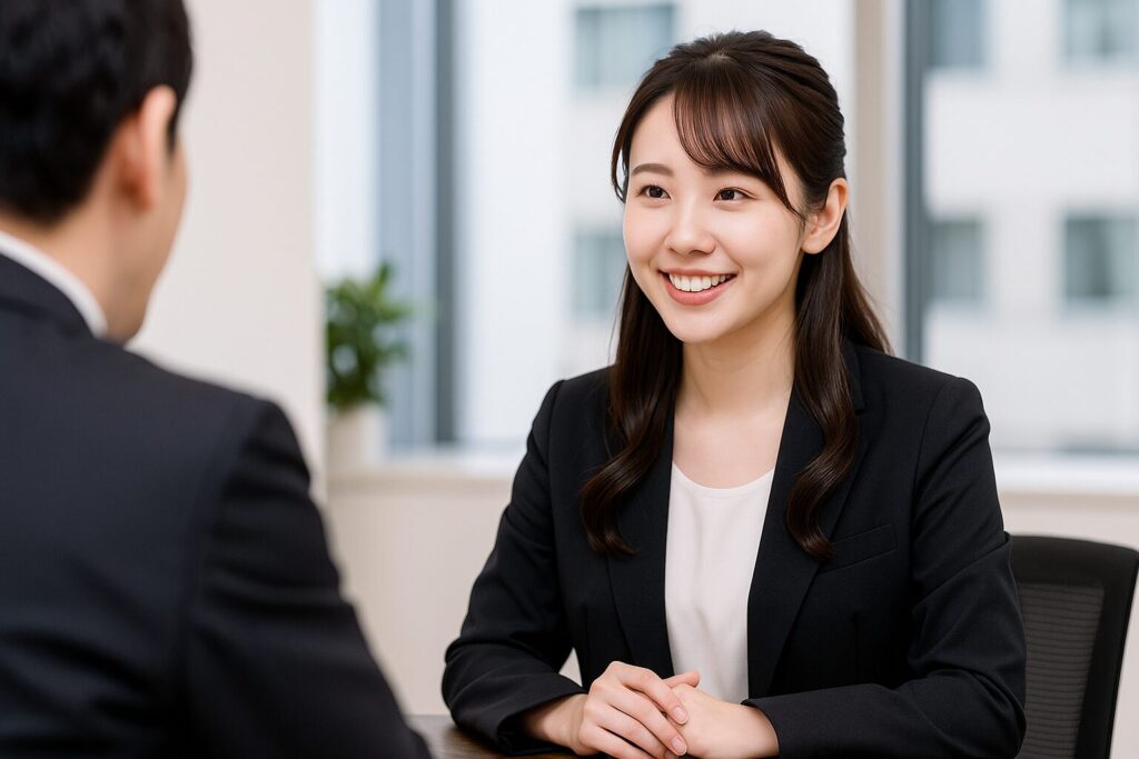 三共サービスのメリットを説明する女性
