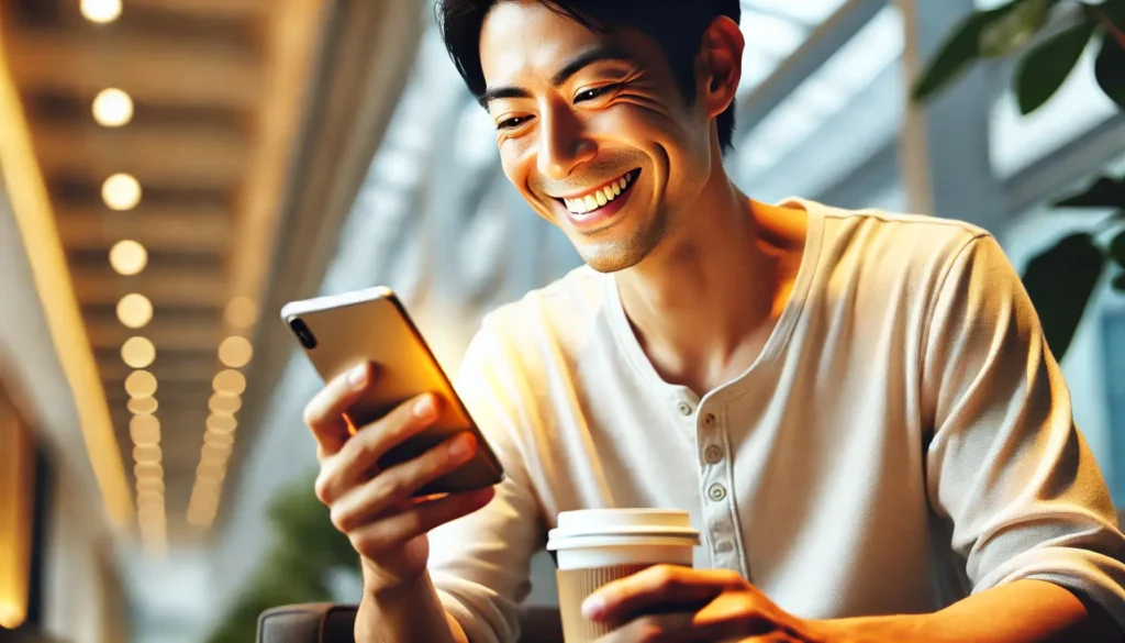 ビートレーディングの良い口コミを見て喜ぶ男性