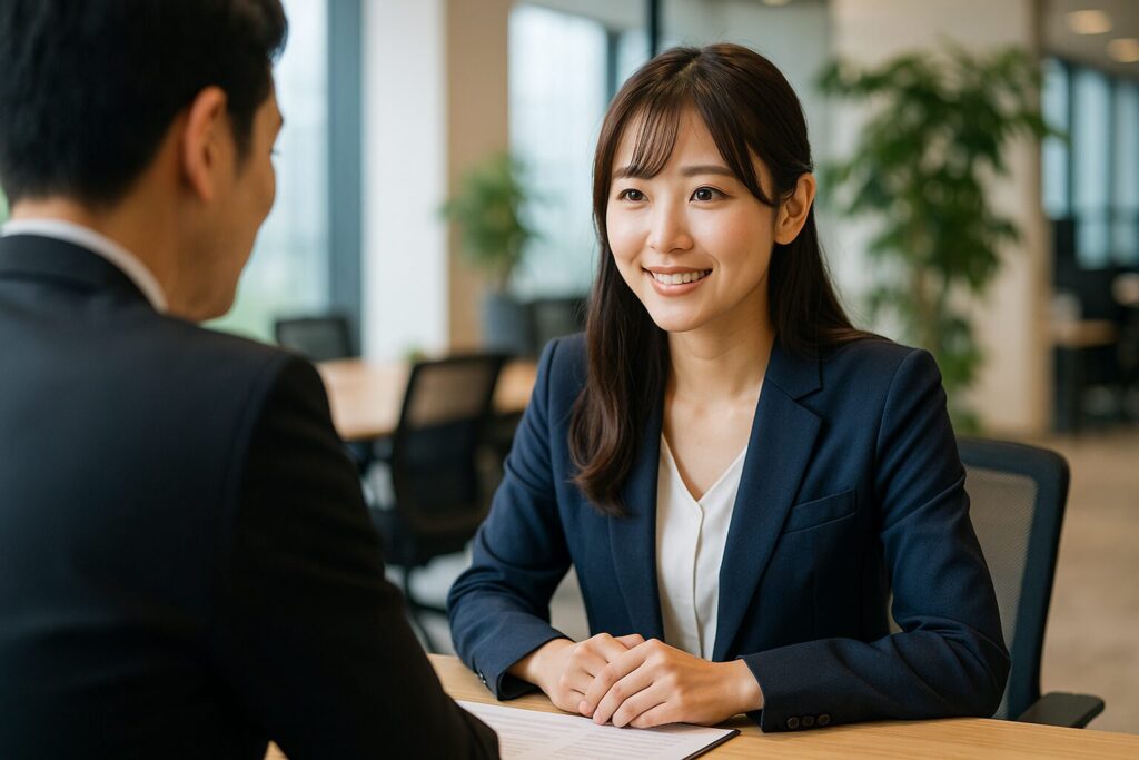 JBLのファクタリングの詳細を説明する女性