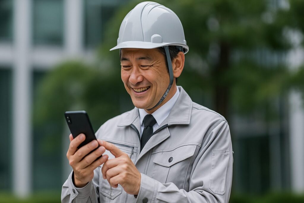 三共サービスの口コミをスマホで見る男性