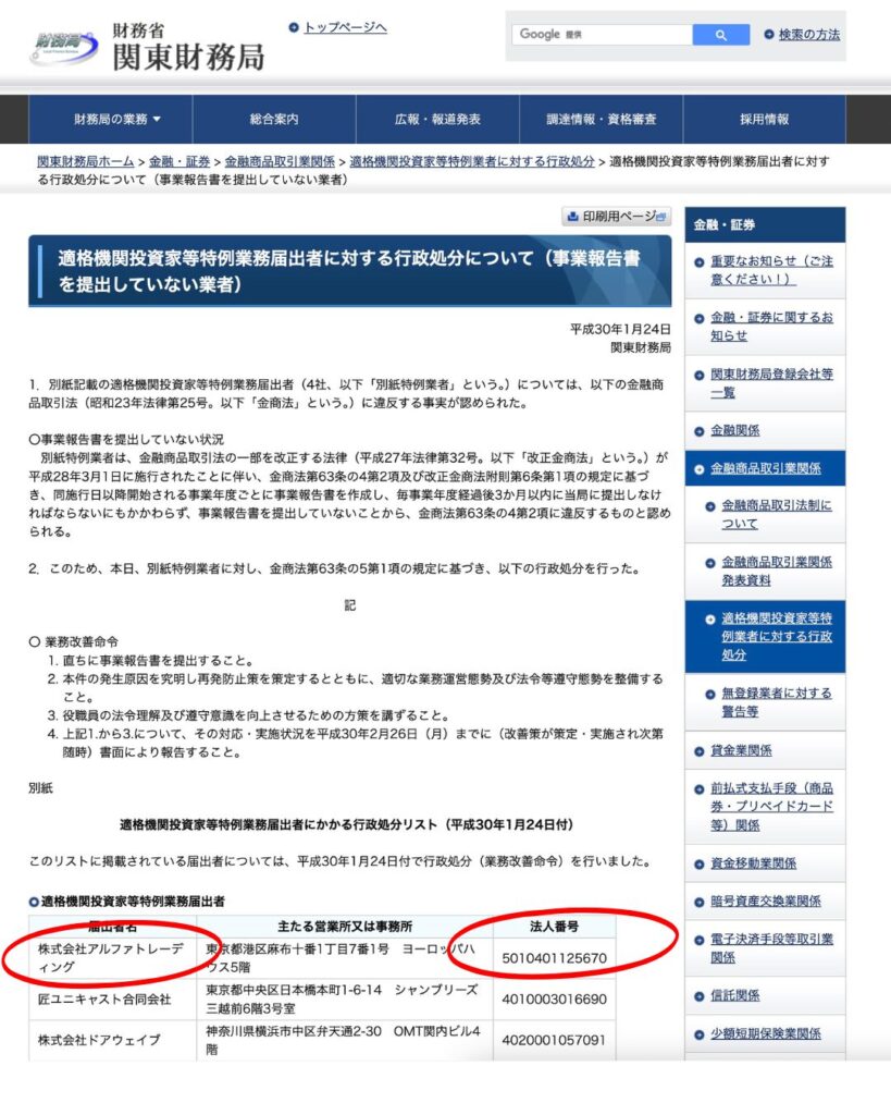 財務省関東財務局よりGCMトレーディング(旧社名:株式会社アルファトレーディング)が行政処分を受けた画像