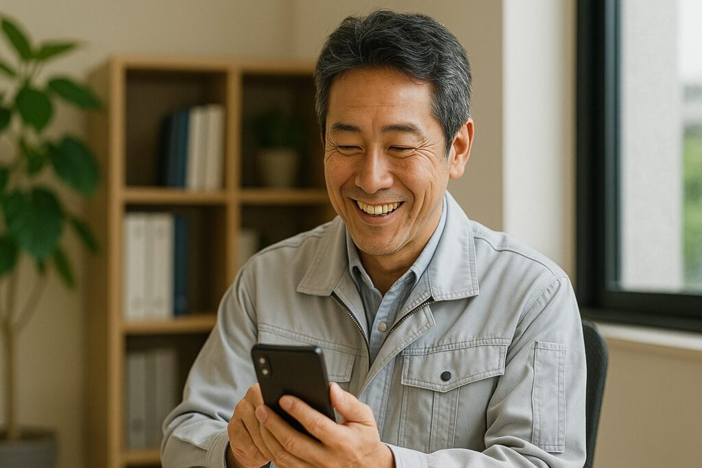 JBLのファクタリングの評判をスマホで見る男性