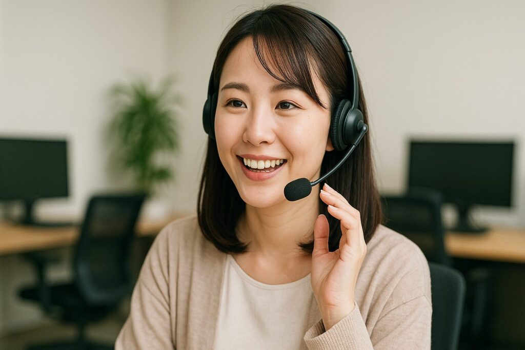 中部地方のファクタリング会社のカスタマーで通話する女性