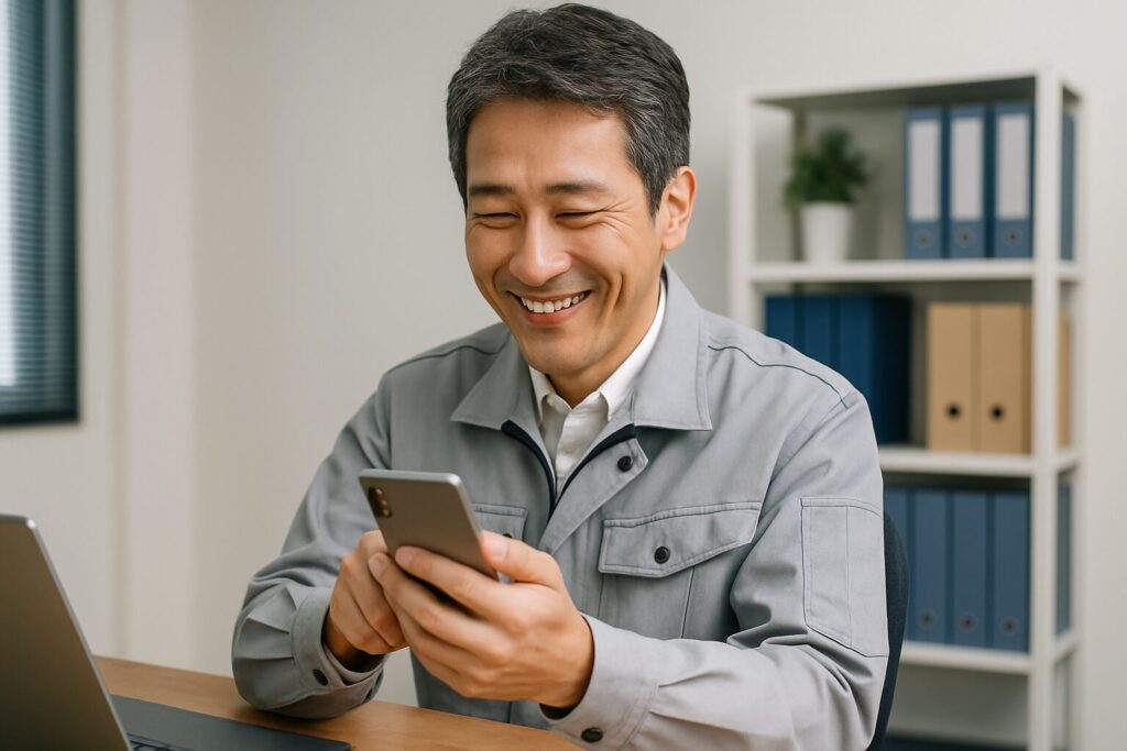 JTCのファクタリングの口コミを見て笑顔の男性