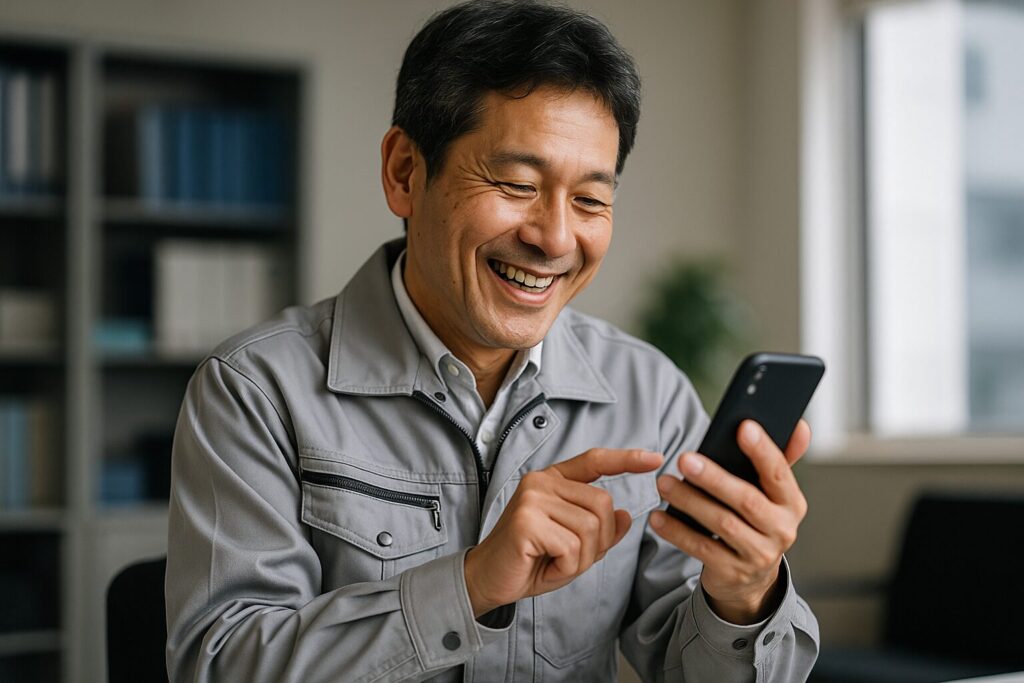 事業資金エージェントのファクタリングの口コミをスマホで見る男性