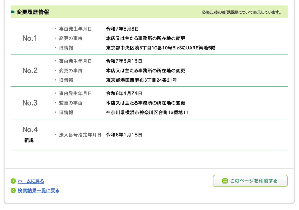 国税庁の法人番号公表サイトに登録されているレガシア株式会社の画像2
