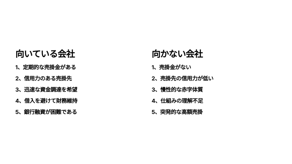 ファクタリングに向き不向きな会社の比較表
