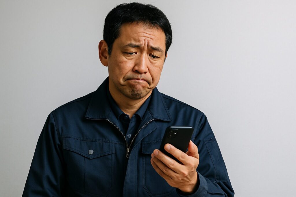 即速ファクタリングの悪い口コミ・評判を見て少し残念そうな表情の男性