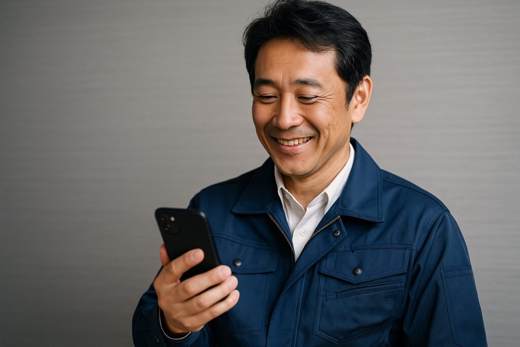 即速ファクタリングの良い口コミ・評判を見て微笑んでいる男性