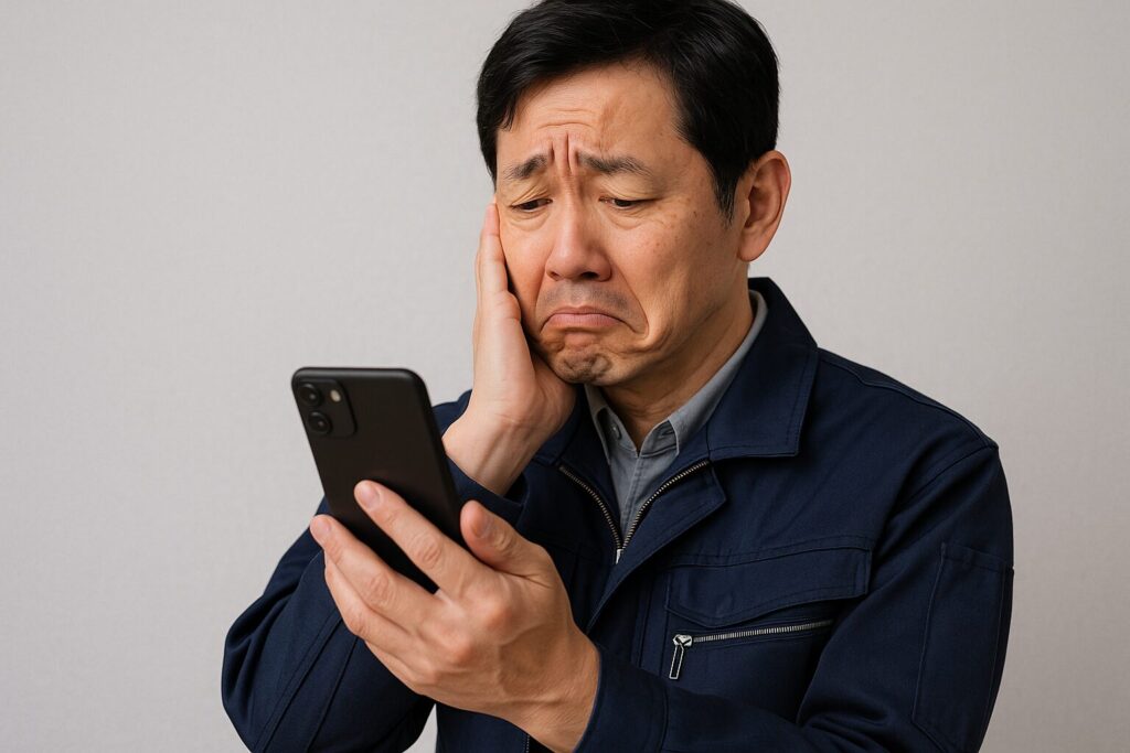 ファクタリングのTRYの5chの口コミをスマホで見て残念な表情をする男性