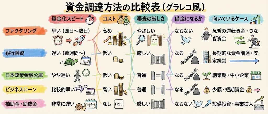 ファクタリングとは簡単に「資金調達の比較表」