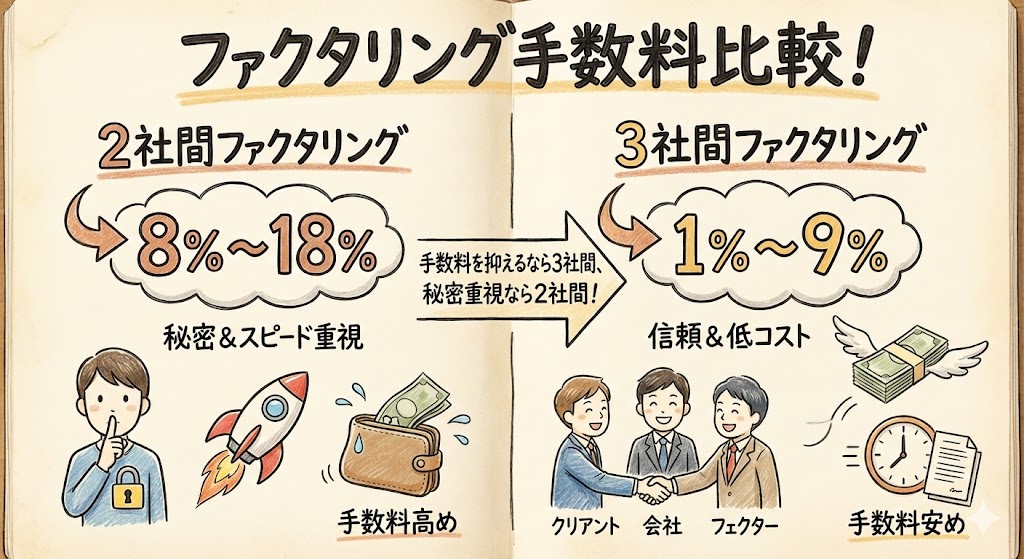 2社間ファクタリング：8%〜18%、3社間ファクタリング：1%〜9%