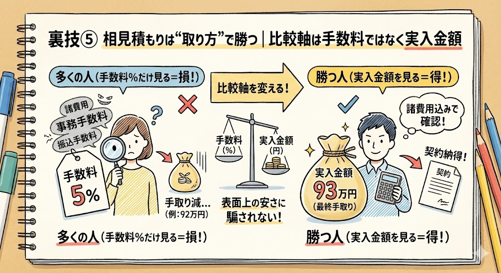 裏技⑤ 相見積もりは“取り方”で勝つ｜比較軸は手数料ではなく実入金額