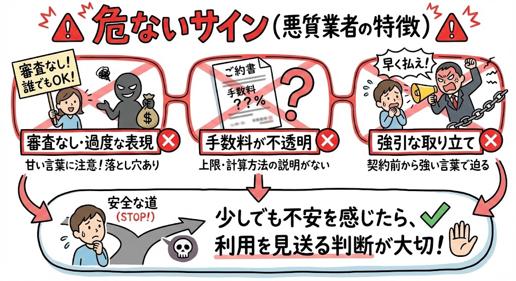 個人ファクタリングの危ないサイン(審査なし・手数料が不透明・強引な取り立て)