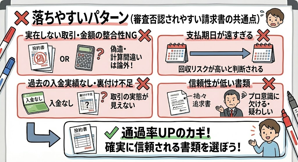 ファクタリングの審査に落ちやすいパターン(架空・不自然・期日が遠い・取引実態が薄い)