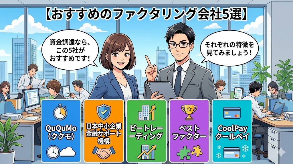 おすすめのファクタリング会社5選(QuQuMo、日本中小企業金融サポート機構、ビートレーディング、ベストファクター、CoolPay)