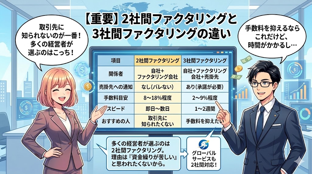 グローバルサービス 2社間ファクタリングと3社間ファクタリングの違い