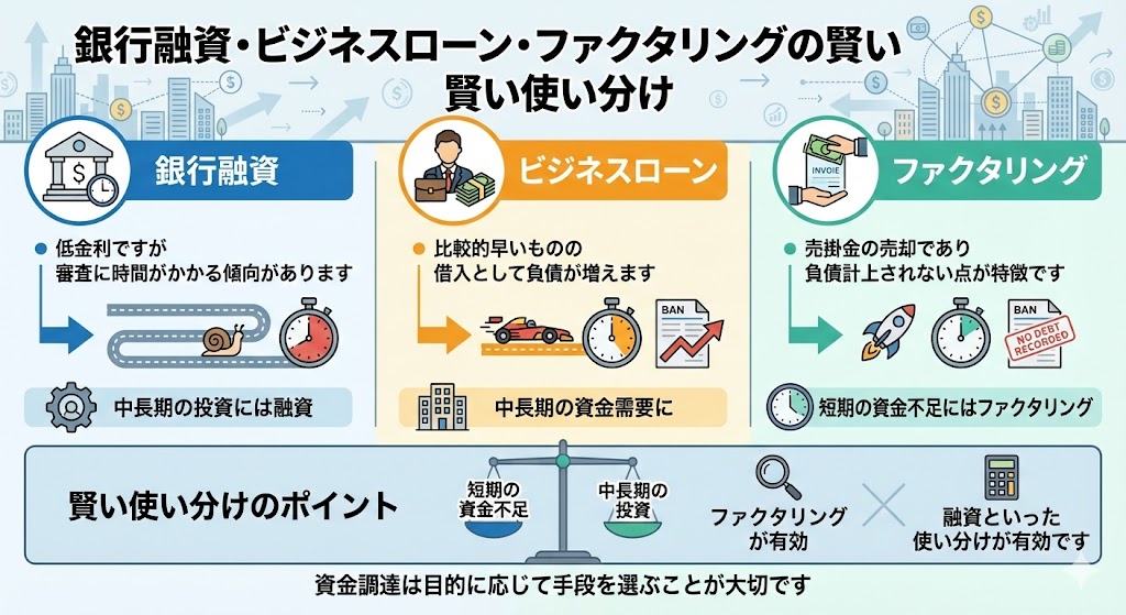 銀行融資やビジネスローンとファクタリングの賢い使い分け