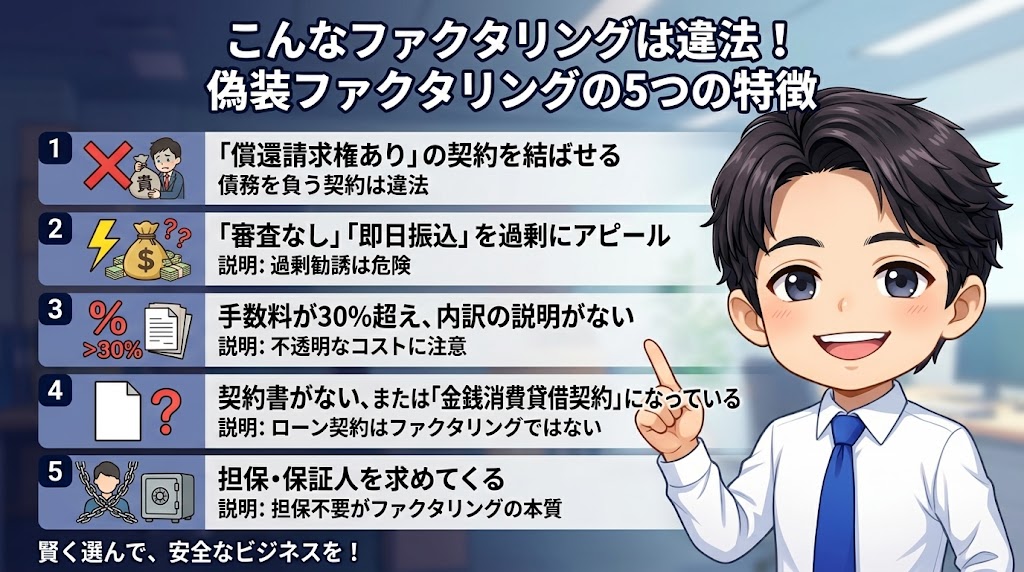 こんなファクタリングは違法！偽装ファクタリングの5つの特徴