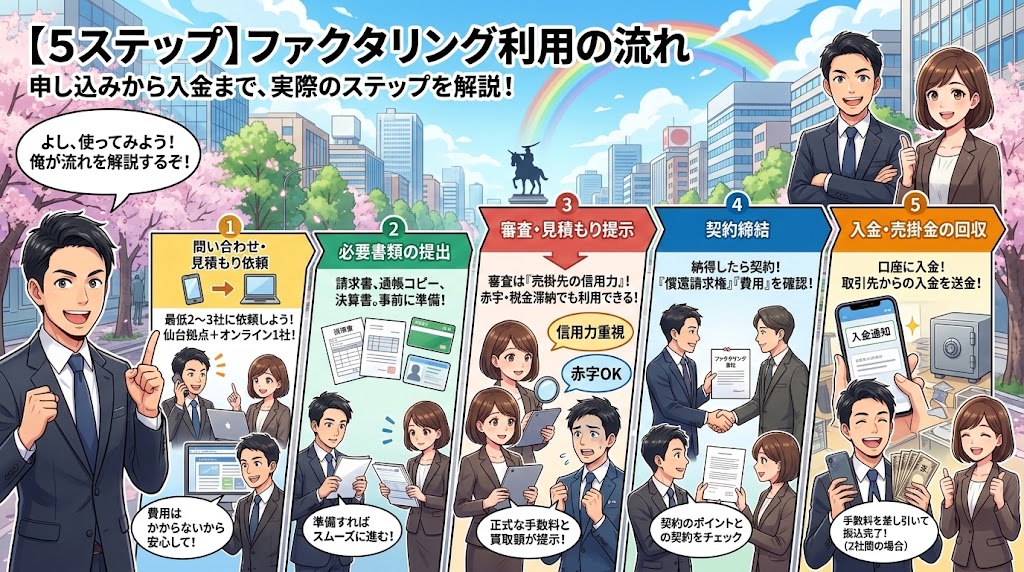 ファクタリング利用の流れ｜申し込みから入金までの5ステップ