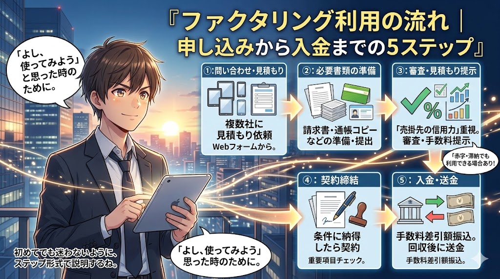 ファクタリング利用の流れ!申し込みから入金までの5ステップ