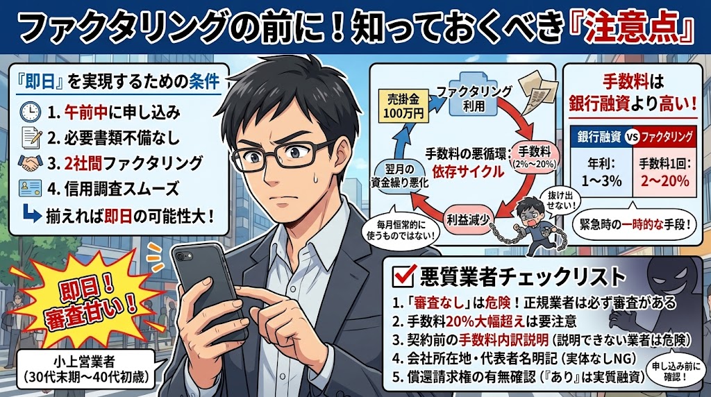 ファクタリングで即日・審査甘いを求める前に知っておくべき注意点