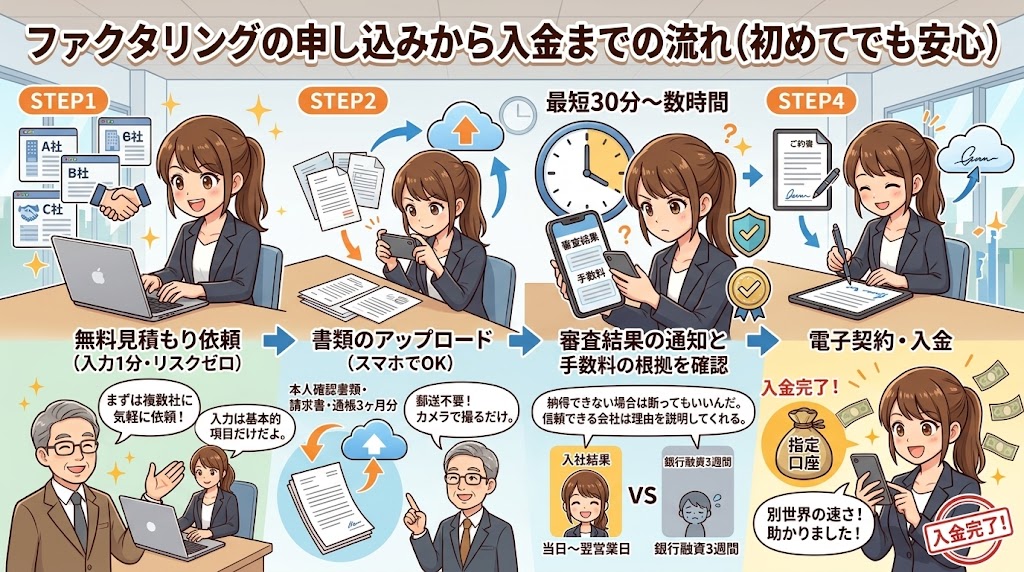 ファクタリングの申し込みから入金までの流れ（初めてでも安心）