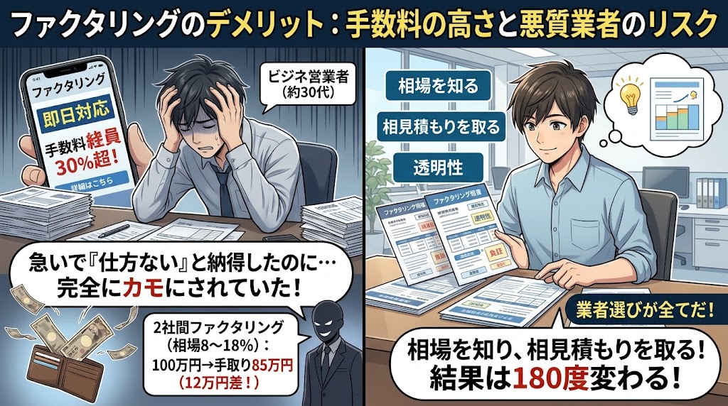 ファクタリングのデメリット：手数料の高さと悪質業者のリスク