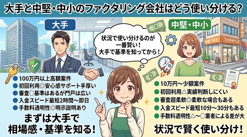大手と中堅・中小のファクタリング会社はどう使い分ける?