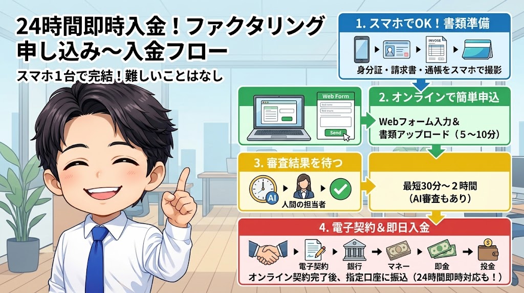24時間即日入金のファクタリング、申し込みから入金までの流れ