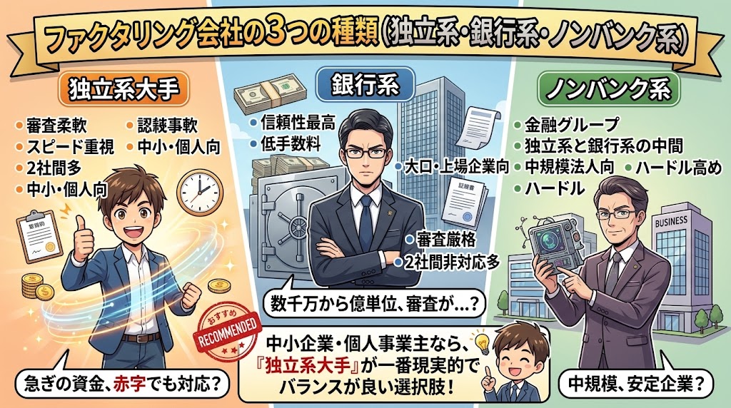 ファクタリング会社の3つの種類(独立系・銀行系・ノンバンク系)