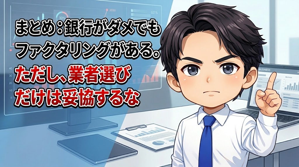 まとめ:銀行がダメでもファクタリングがある。ただし、業者選びだけは妥協するな