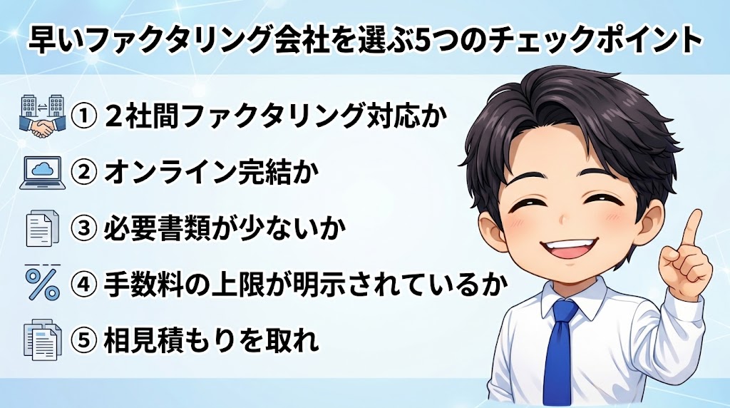 早いファクタリング会社を選ぶ5つのチェックポイント