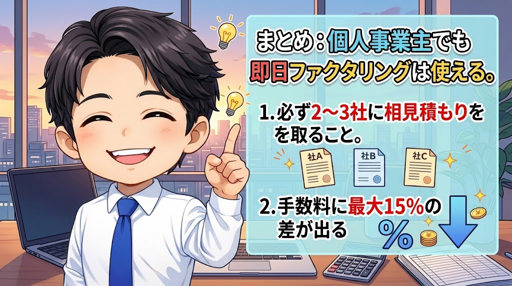 まとめ：個人事業主でも即日ファクタリングは使える。ただし業者選びがすべて