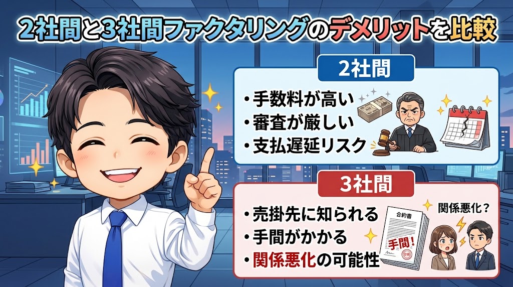2社間と3社間ファクタリングのデメリットを比較