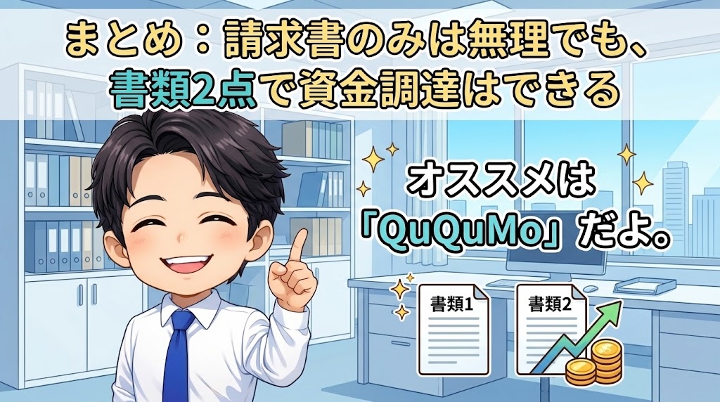 まとめ:請求書のみは無理でも、書類2点でファクタリングはできる
