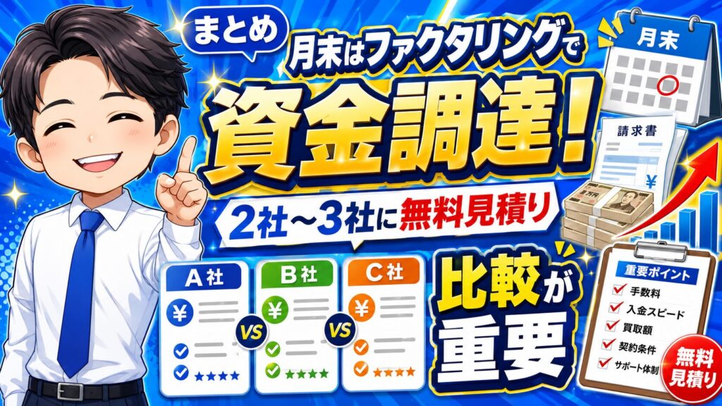 まとめ：月末はファクタリングで資金調達！2社から3社に無料見積りをして比較することが重要