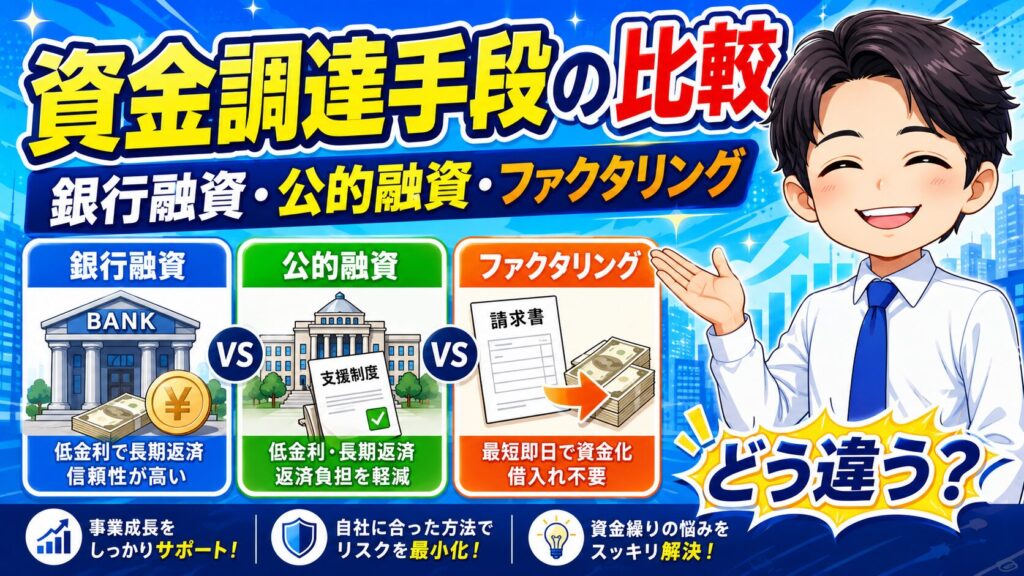 資金調達手段の比較|銀行融資・公的融資・ファクタリングはどう違う?