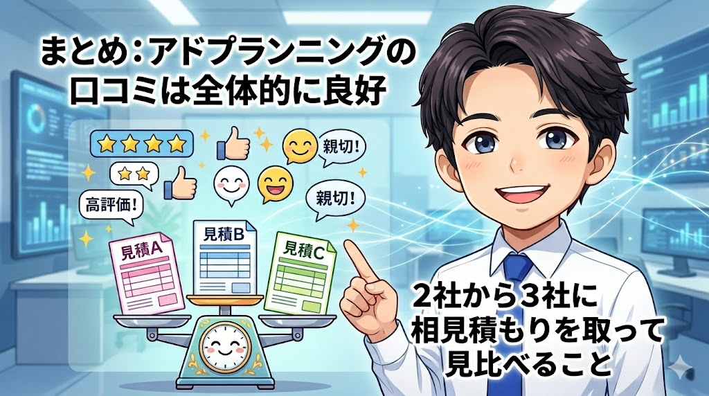 まとめ：アドプランニングの口コミは全体的に良好。2社から3社に相見積もりを取って見比べること